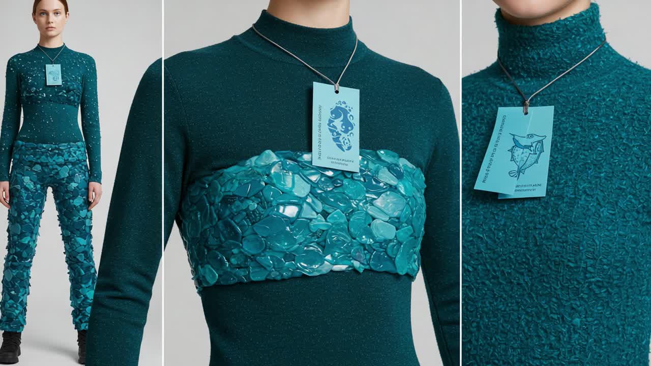 Fashion Innovation: A Stunning Teal Outfit with Textured Fabric and Unique Embellishments Showcased in two Frames Highlighting Modern Design Elements