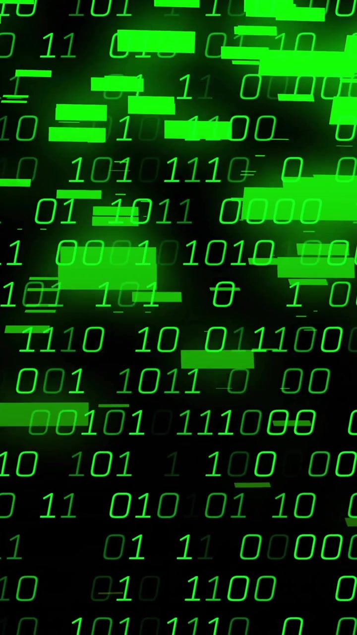 Binary code and data processing animation with green numbers on black background