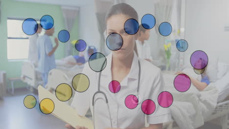 holding clipboard in hospital, medical professional with colorful circles animation