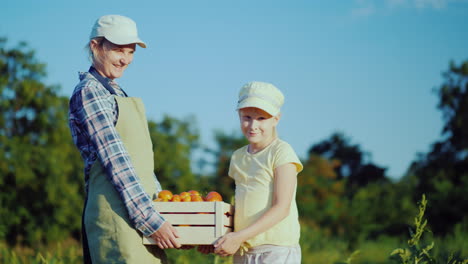 Bäuerin-Mit-Tochter,-Die-Eine-Schachtel-Tomaten-Von-Ihrem-Feld-Hält-4k-Video