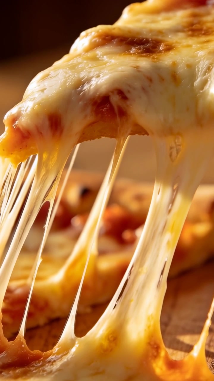 Video verticale: Mano che solleva una fetta di pizza verso l'alto su un tagliere, con fili di formaggio fuso che si allungano.
