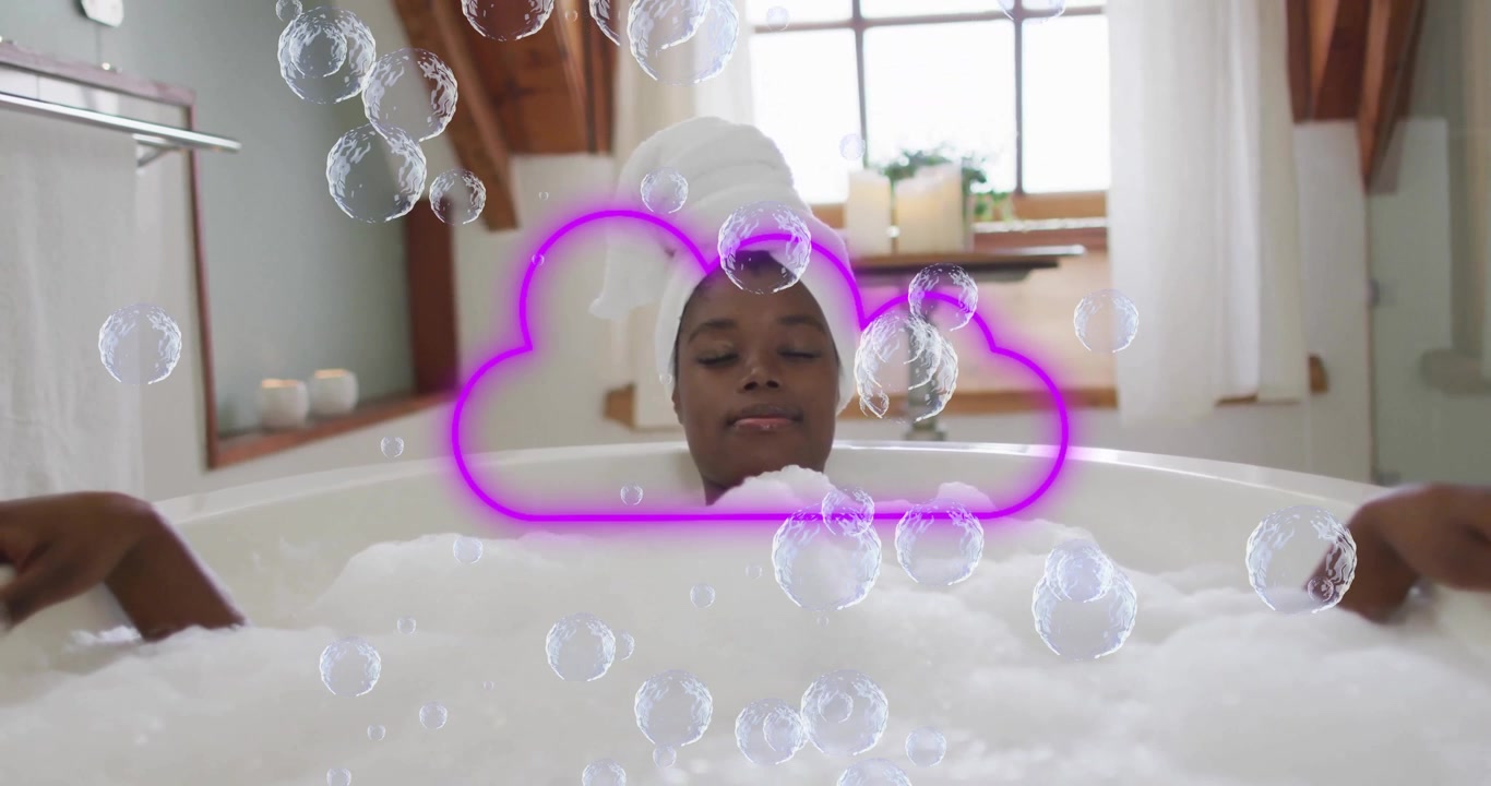 Woman soaking in foam bath under wooden beams, with neon health marketing thumbs-down icon overlay