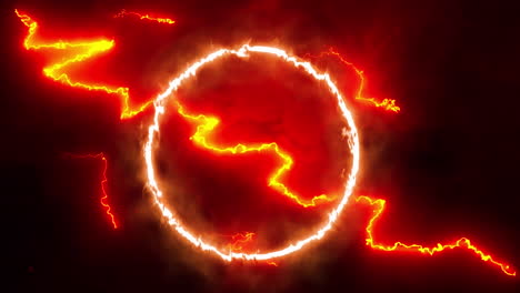 animation of glowing orange lightning flashes and flaming circle on dark screen