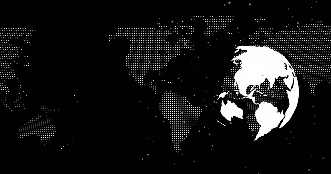 3D dotted world map and white globe floating over black background, with scattered particle dots