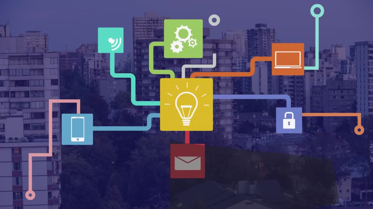 도시 풍경에 대한 데이터 처리와 함께 연결 및 아이콘의 애니메이션