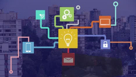 animation of connections and icons with data processing over cityscape