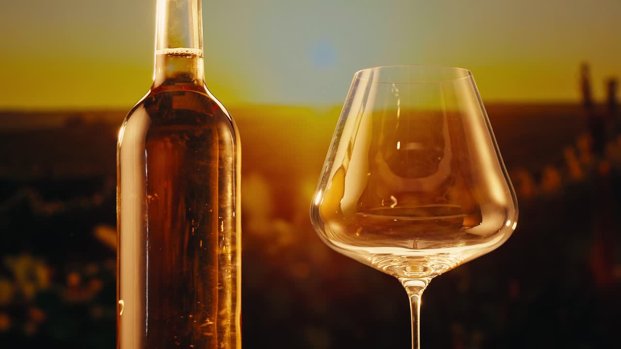 Orange or white wine bottle and glass against a sunset in a peaceful vineyard, pouring of ecological natural wine.