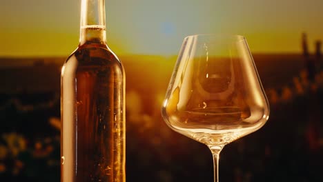 orange or white wine bottle and glass against a sunset in a peaceful vineyard, pouring of ecological natural wine.