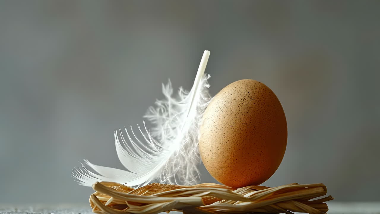 Brown chicken egg in nest with floating white feather. A single brown egg sits in a straw nest with a soft white feather hovering above on a gray background