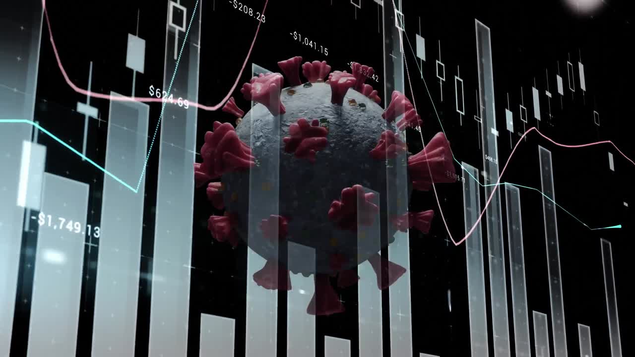 animación de la célula de covid 19 sobre estadísticas y procesamiento de datos