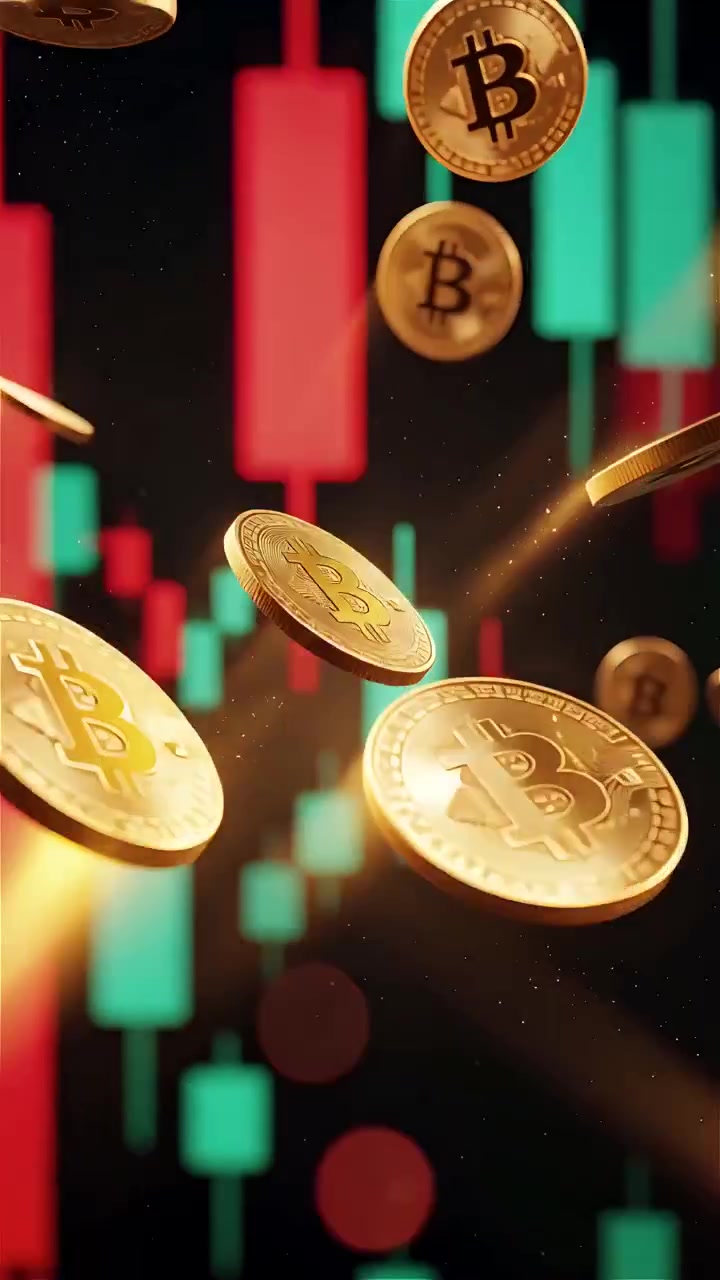 Moedas de Bitcoin douradas com fundo de gráfico de velas desfocado 4K