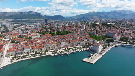 aerial view of marina and riva promenade of split old town in croatia.