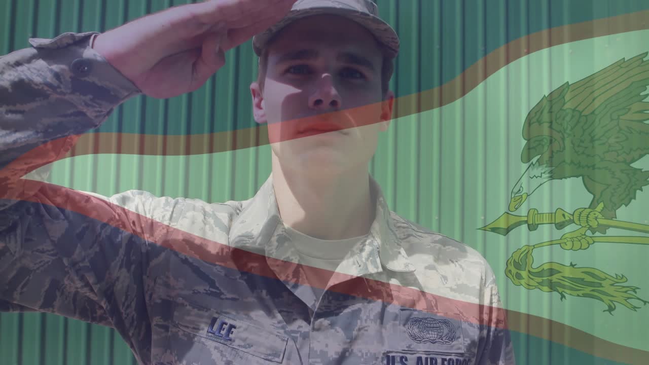 Uniformed airman glancing upward and saluting in military scene honoring transparent Air Force flag