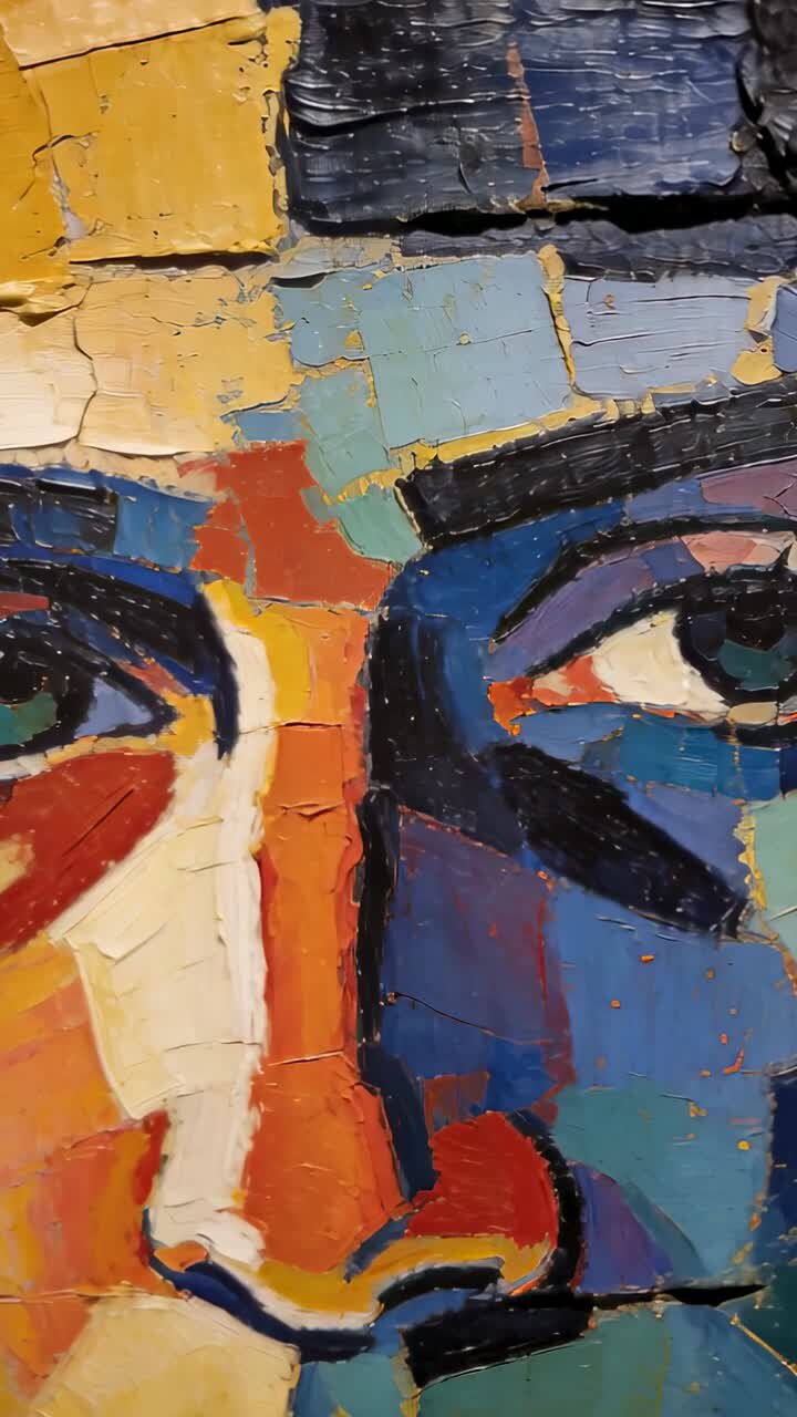 Vertikales Video: Schwenkende Kamera fährt über ein strukturiertes Porträt an einer Galeriewand und enthüllt Impasto-Rillen.