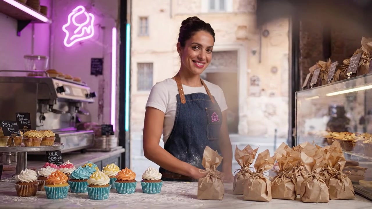 Deliziose prelibatezze da forno esposte da un fornaio allegro, circondato da cupcake colorati e dolci splendidamente confezionati in un'accogliente pasticceria.