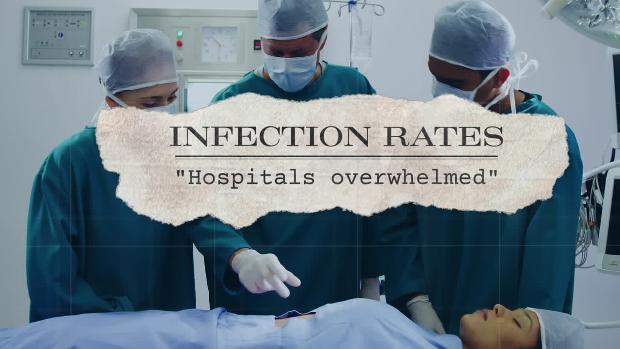 마스크를 쓰고 수술하는 외과 의사들에 대한 코로나 19 텍스트의 애니메이션