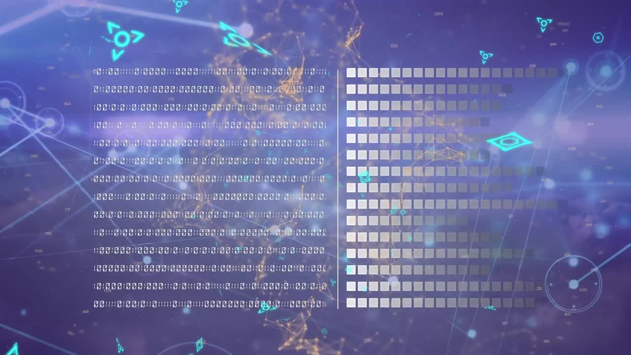 아이콘, 볼 바, 원 및 점의 애니메이션이 선과 숫자로 상호 연결됩니다.