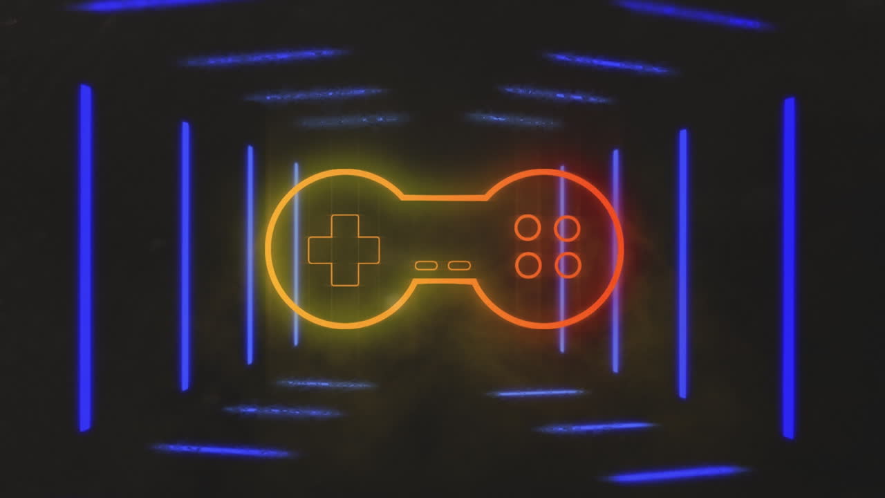 Animation af gaming-controller og neonlinjer på sort baggrund