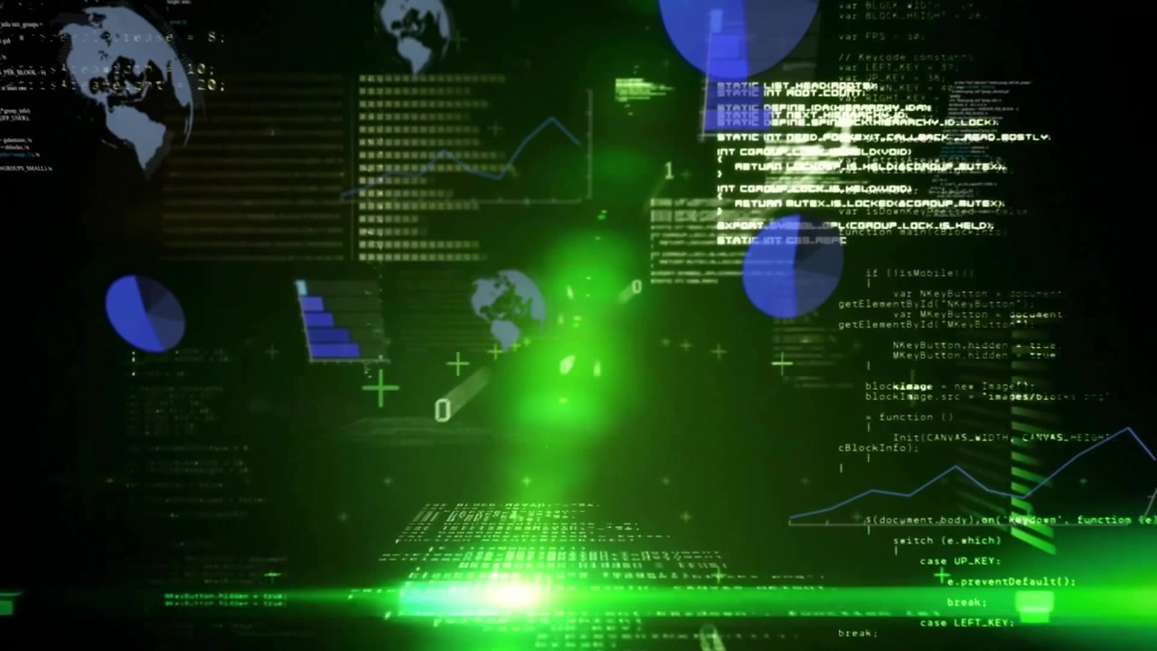 Green beam emerging from void triggers code forming, charts flowing and bits racing into hologram