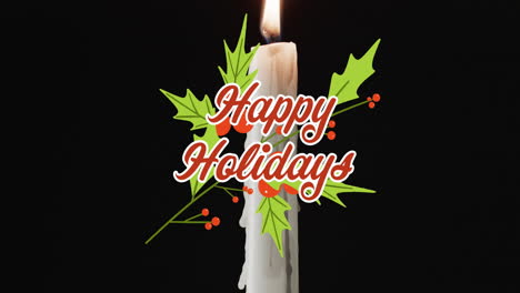 animación de felices fiestas texto sobre vela encendida sobre fondo negro