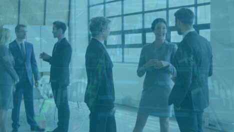 animation of financial data processing over diverse businesspeople discussing together at office