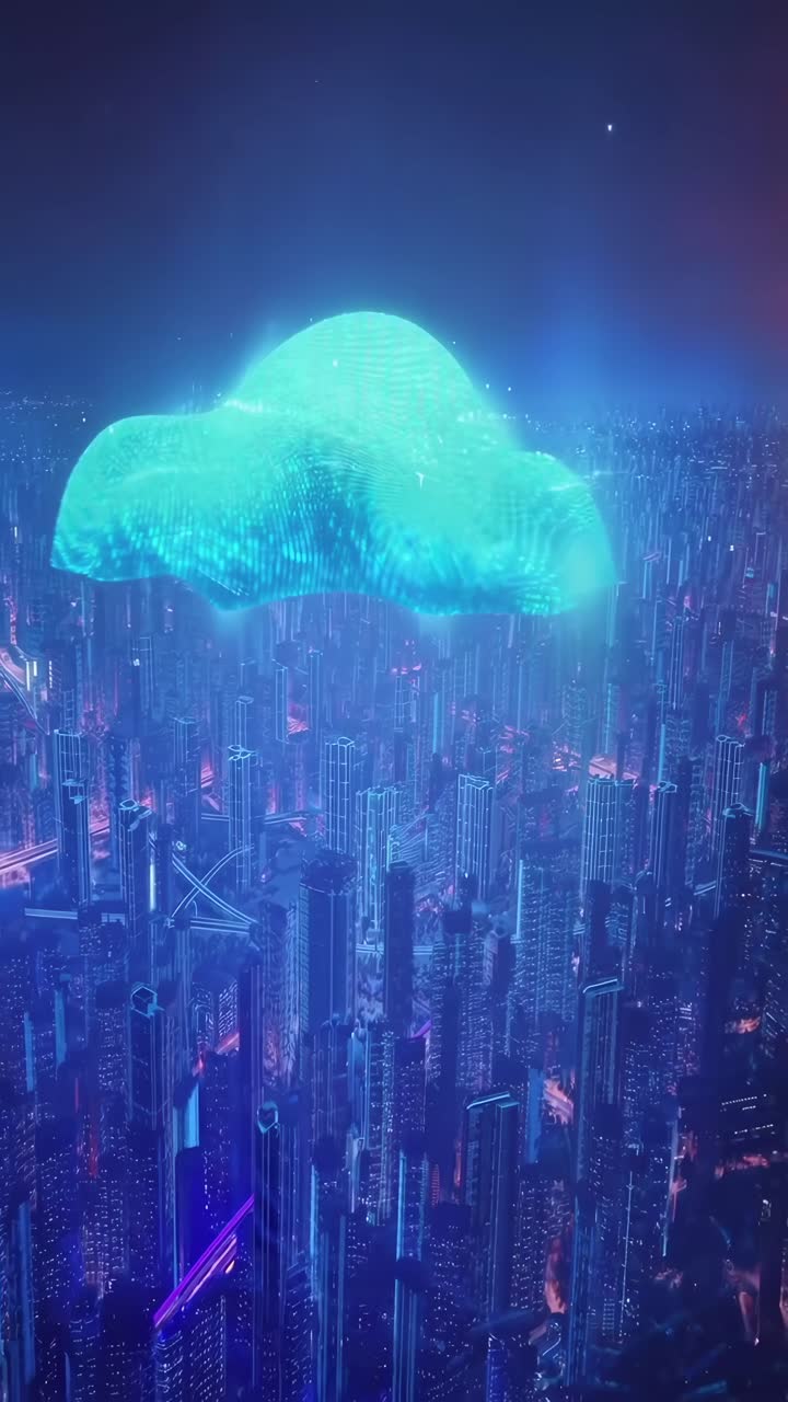 Futuristic cityscape with glowing cloud above, captured from a high angle