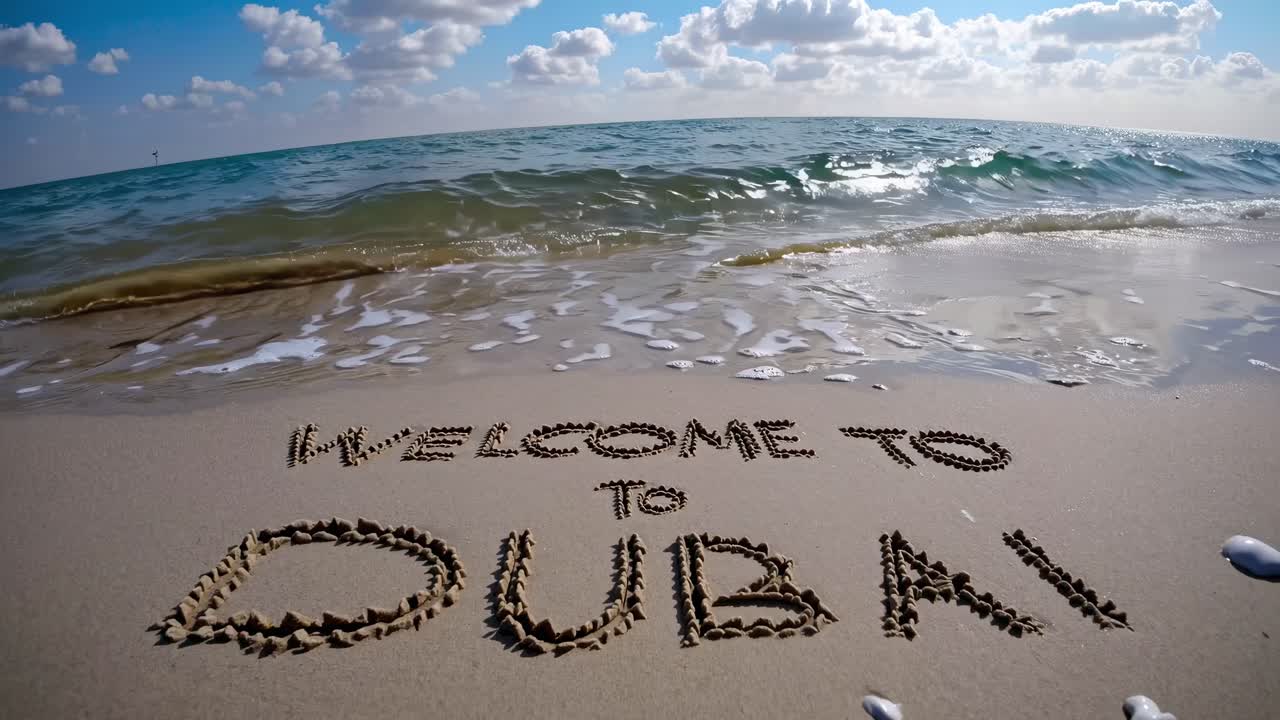 Turquoise sea water gently caressing the shore, where someone has written welcome to Dubai in the sand, all beneath a stunning, cloudy sky