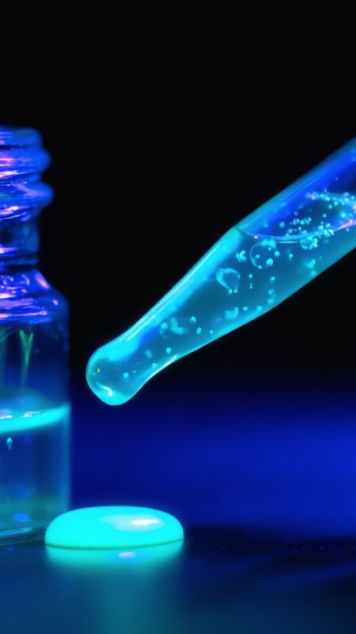 Un primo piano vivido di una gocciolina da una pipetta sopra un liquido radioso in una fiala di vetro, che brilla sotto l'illuminazione al neon in un ambiente di laboratorio artistico