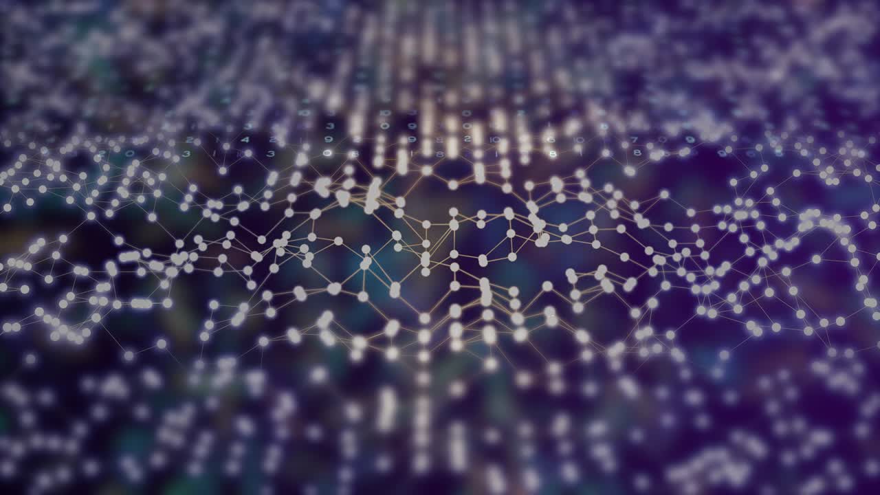 Polygonal formation of connected dots and lines moving randomly up and down as a chart or diagram with flow of data.