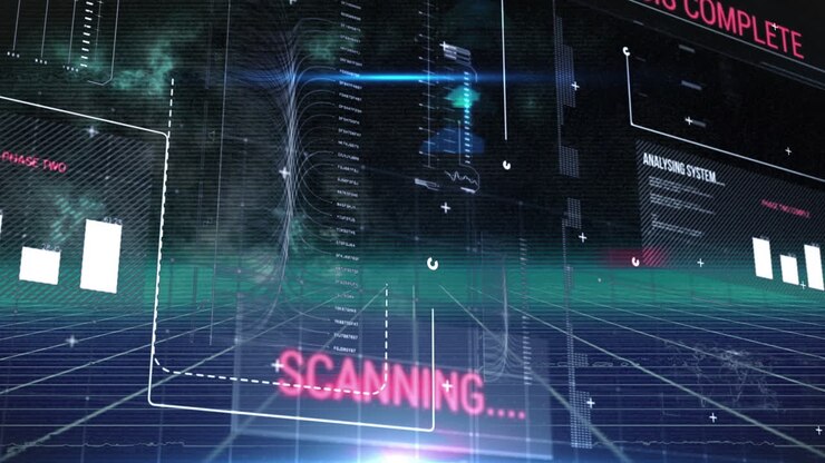 Animation of interface with data processing over blue and green grid network on black background