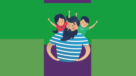 animación de la ilustración de un padre feliz jugando con su hijo y su hija en los hombros