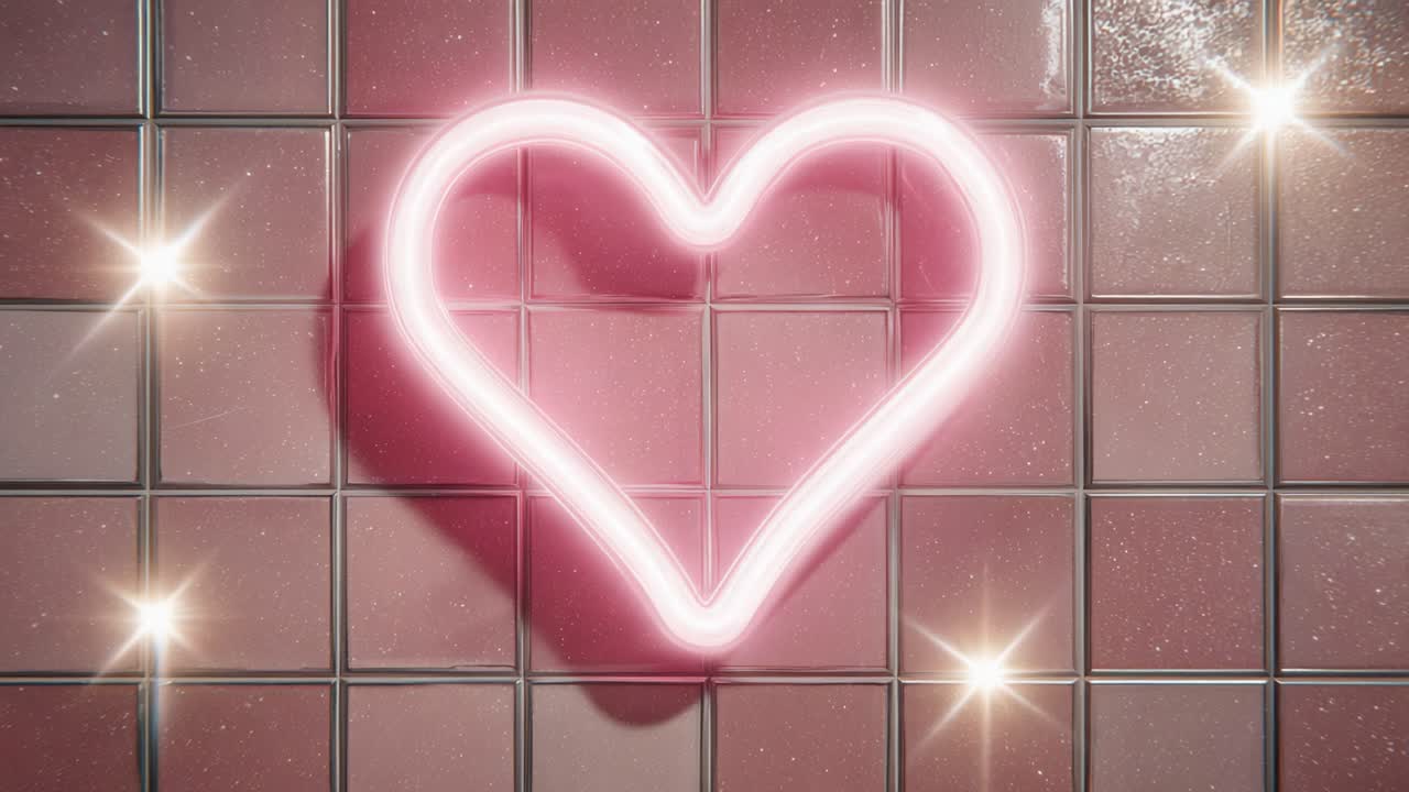 A Vibrant Neon Heart Glow Against a Sparkling Tile Background, Perfectly Illuminated for Romantic Ambience and Aesthetic Appeal in Any Setting