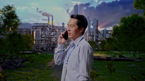 Side View Asian Male Professional Worker Standing In Front Of Oil Refinery, He Pick The Phone Up And Started To Specking To It With A Slicely Smile
