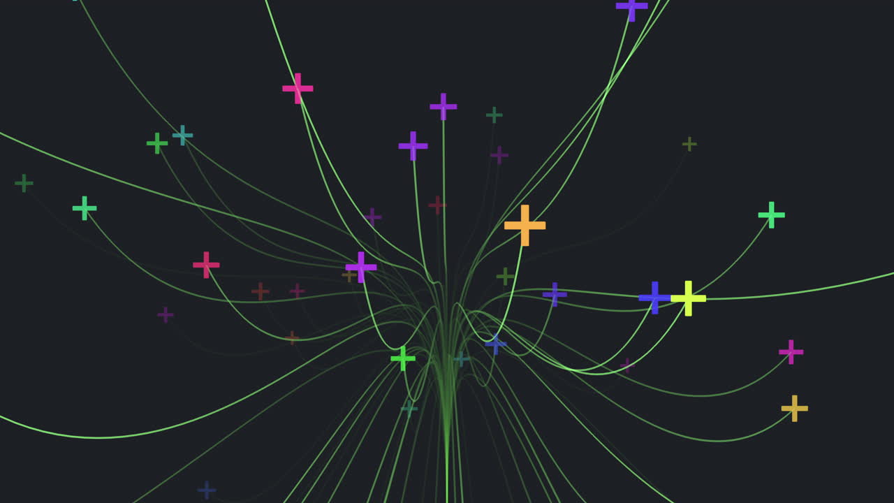 다채로운 선과 십자가의 기하학적 네트워크는 복잡한 시스템을 형성합니다.