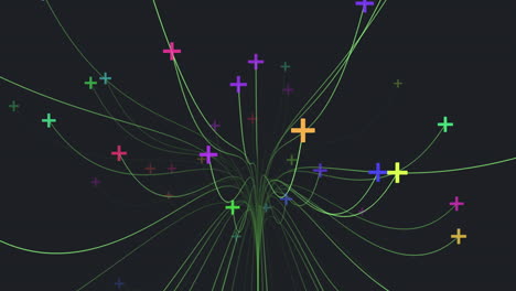 una red geométrica de líneas y cruces coloridas forma un sistema intrincado.