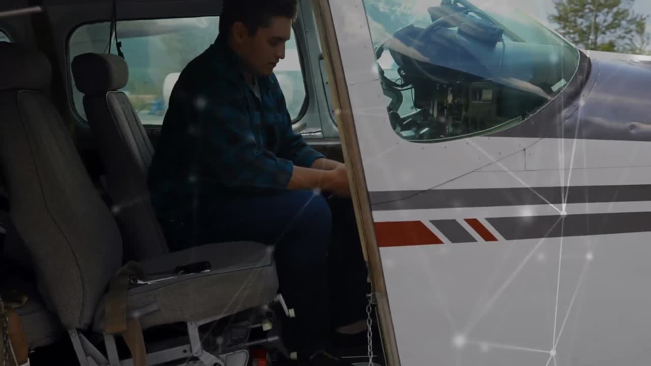 rede de ligações contra o piloto caucasiano sentado num avião privado