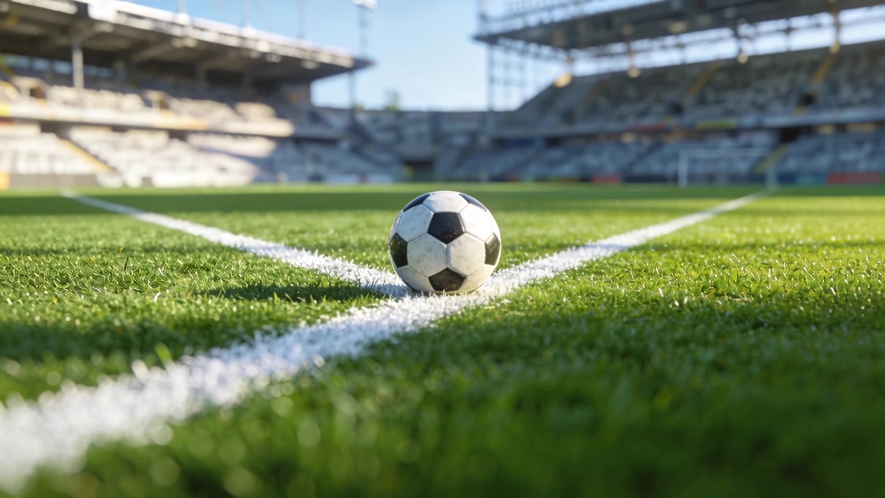 Kameraet trækkes tilbage og afslører en sort-hvid fodbold på V'et på stadion, der viser tomme tribuner og et mål.