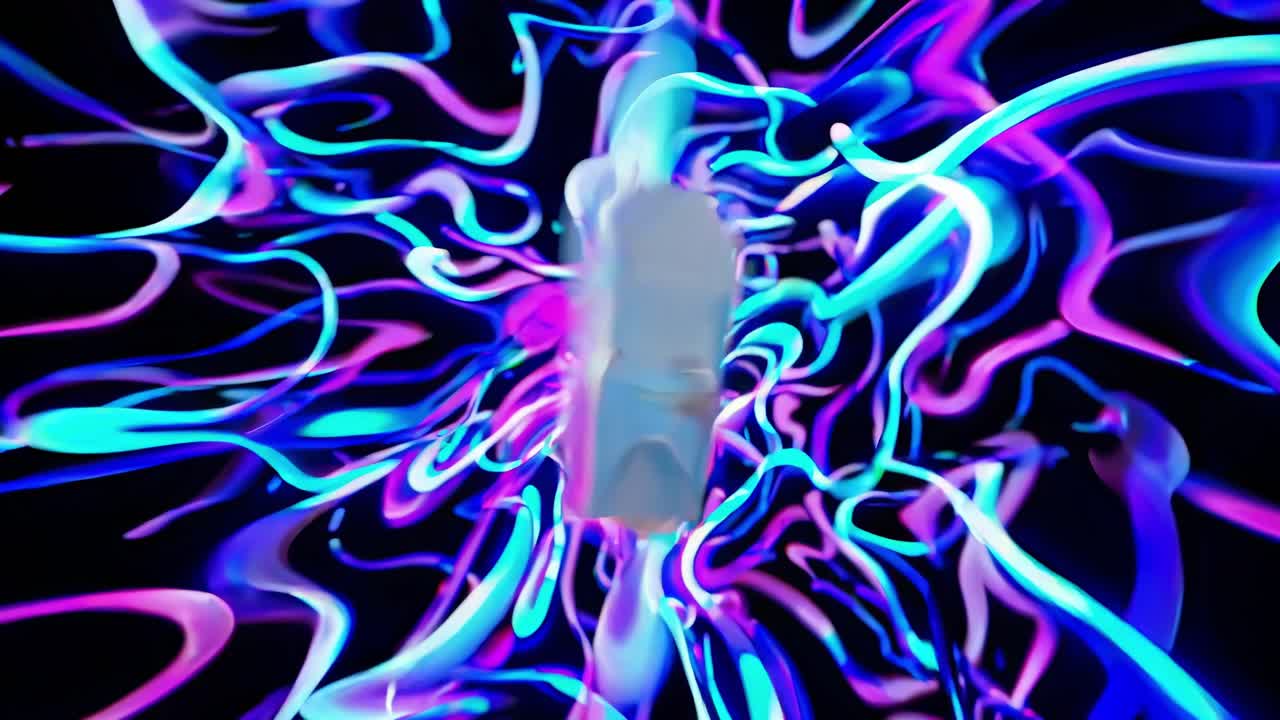 personaje animado de papas fritas que experimenta diversos estados emocionales, haciendo la transición entre la felicidad, la tristeza y la confusión contra un fondo abstracto vibrante y giratorio