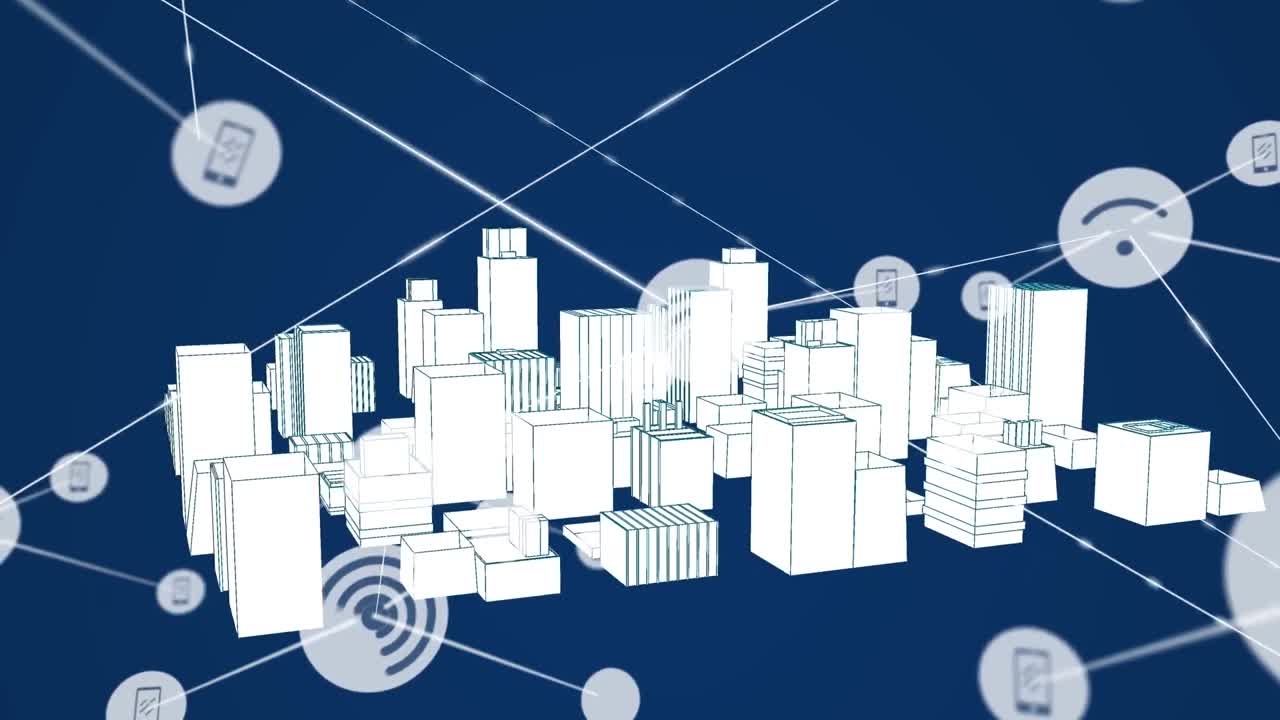 그래픽 마천루 위의 라인과 연결되는 드폰 및 wi-fi 아이콘의 애니메이션