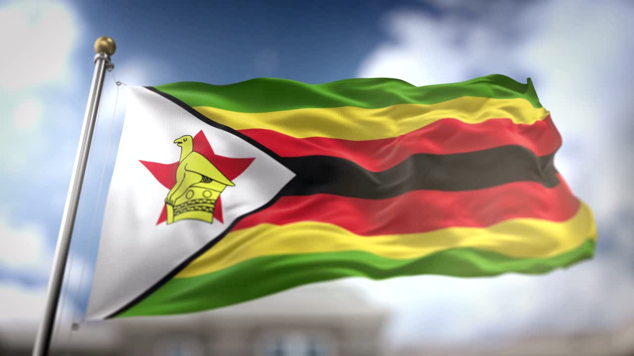 la bandera de zimbabue ondeando en cámara lenta 3d con fondo de cielo azul - bucle sin costuras 4k