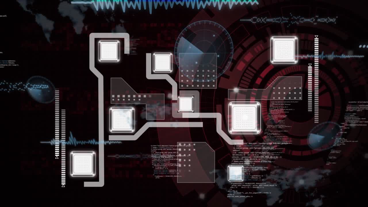 Animation of data processing over network of connections on black background