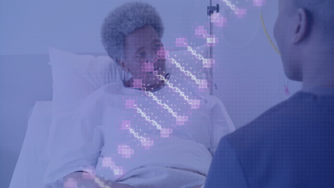 DNA sequencing animation over elderly patient in hospital bed with healthcare worker