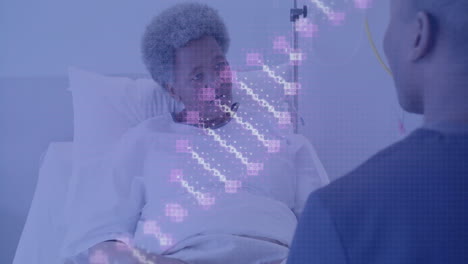 dna sequencing animation over elderly patient in hospital bed with healthcare worker