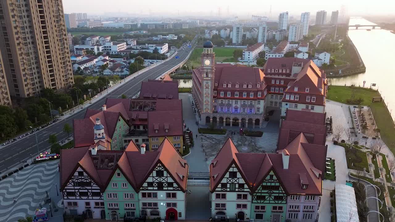 Establishing drone shot of China's little Germany in Taicang during the day in Jiangsu Province, China