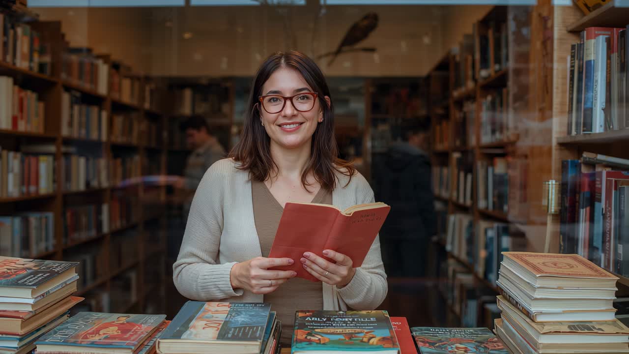 Persona che gira pagina, libraio con gli occhiali che legge durante il suo turno dietro al bancone, mentre tiene in mano un libro in edizione tascabile rossa