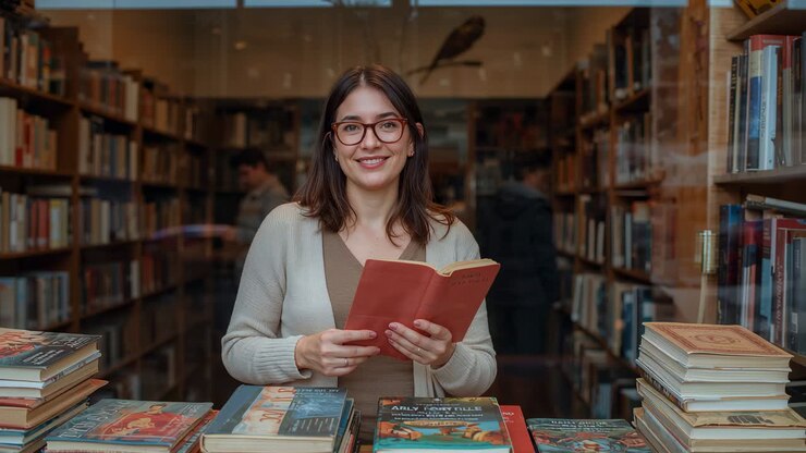 Persona che gira pagina, libraio con gli occhiali che legge durante il suo turno dietro al bancone, mentre tiene in mano un libro in edizione tascabile rossa