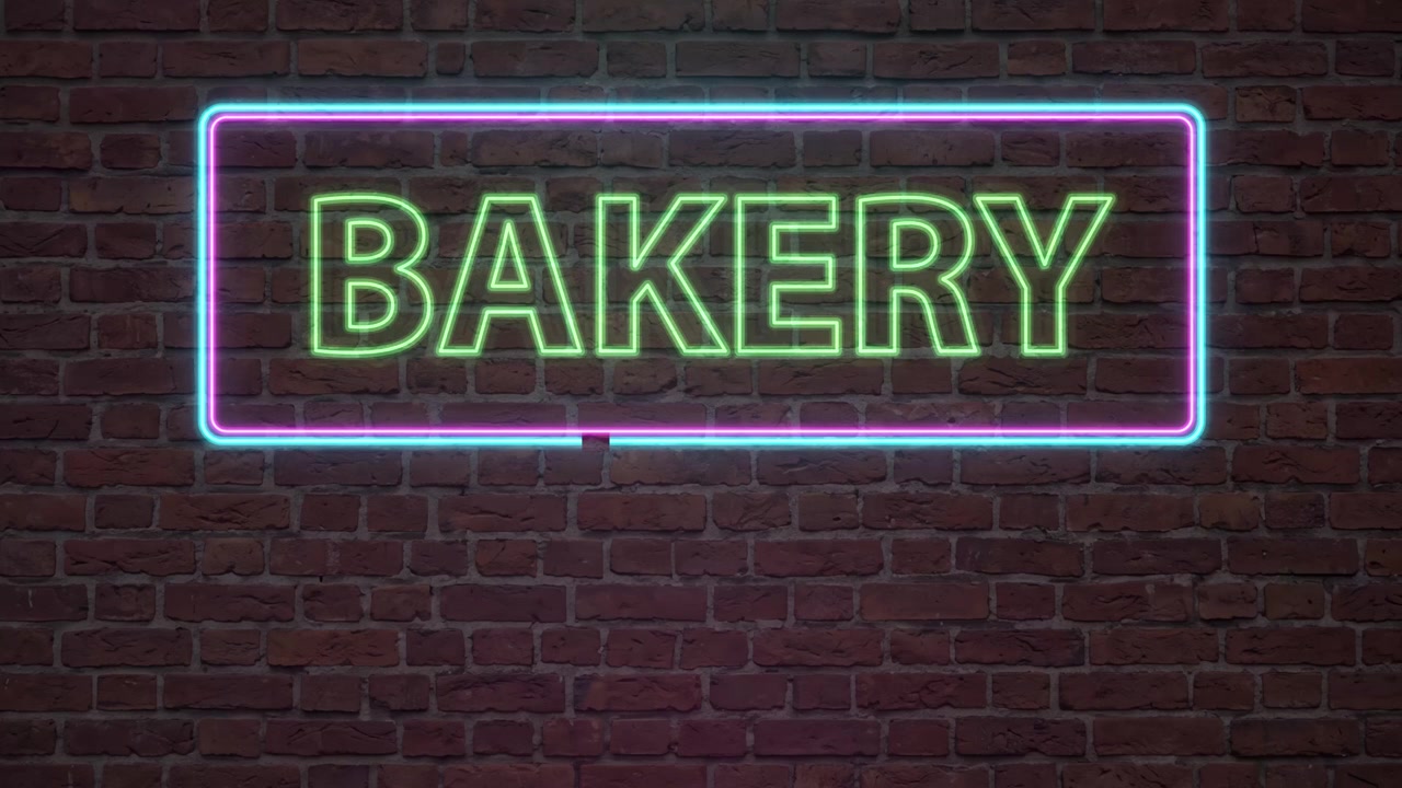 Insegna al neon animata di una panetteria tremolante con testo verde e bordo viola su sfondo di mattoni scuri