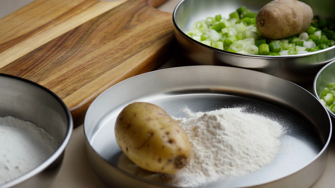 Metal bowls hold chopped green onions, whole potatoes and flour on a wooden cutting board in a soft lit kitchen prep scene