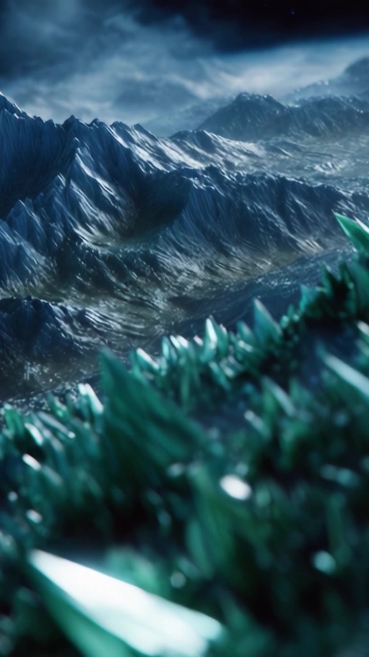 A Stunning Landscape of Sharp Crystals and Rugged Mountains Under a Mystical Sky, Capturing the Beauty of Nature's Formations and Textures in Stunning Detail