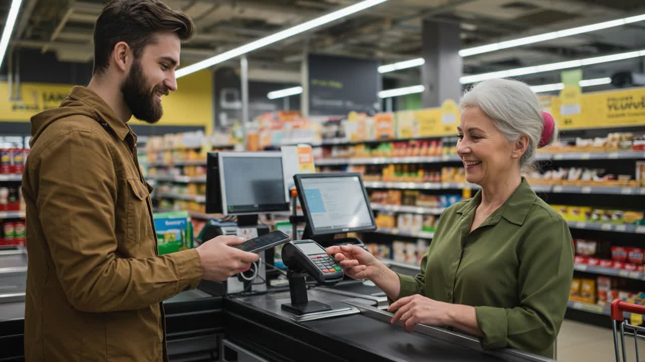 A Friendly Checkout Experience: Customer Engaging with Store Employee During Transaction at a Grocery Store, Showcasing Modern Payment Technology and Service Interaction